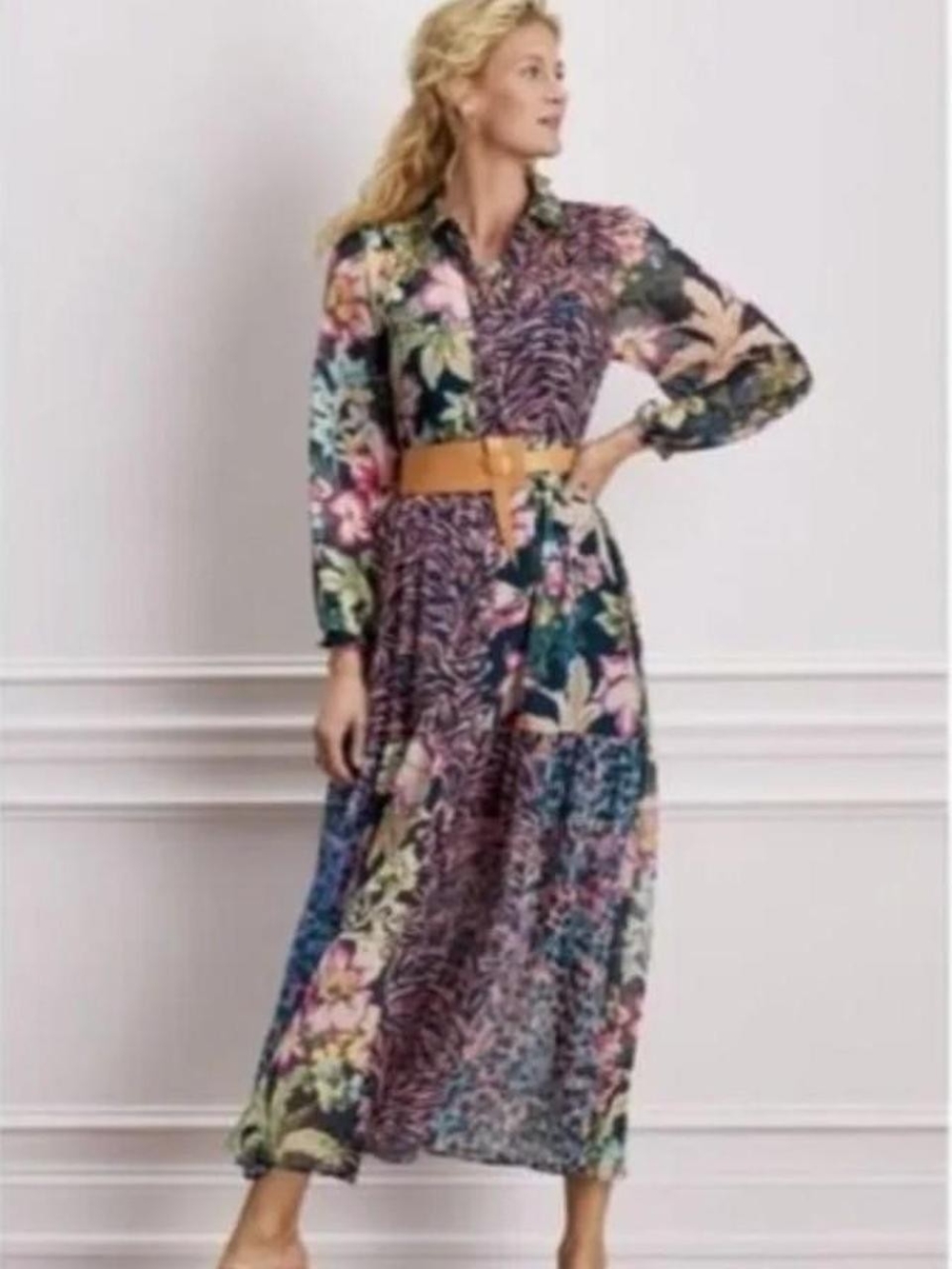 Soft Surroundings Multicolor Floral Maxi Shirt Dress with Tan Belt